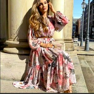 H&M CONSCIOUS Maxi Midi Pink FLORAL CHIFFON DRESS